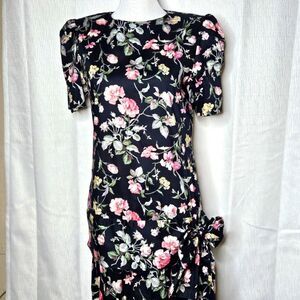 Maggie Breen Vintage Cotton Drop Waist Black Floral Cottegecore Tea Length Dress